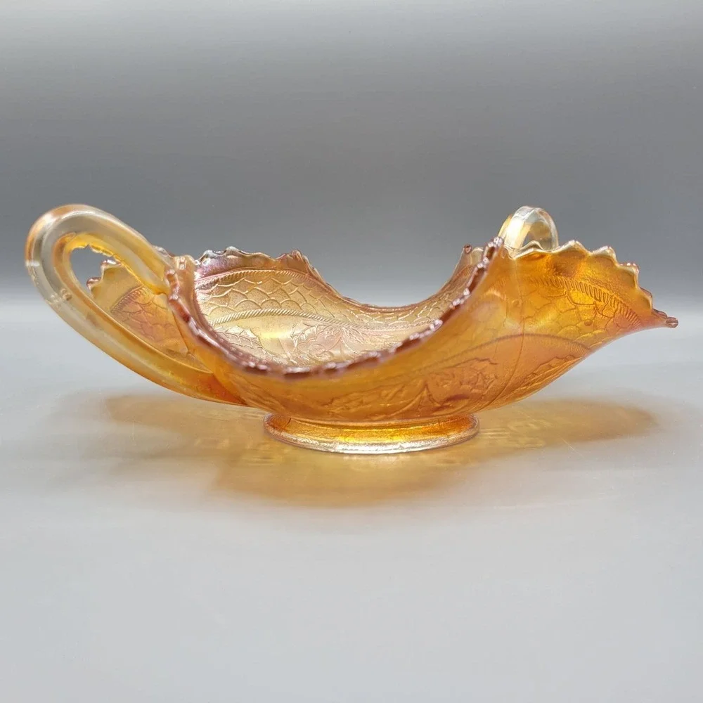 Vintage Fenton Marigold Carnival Iridescent Glass Handled Candy Dish Cherries
